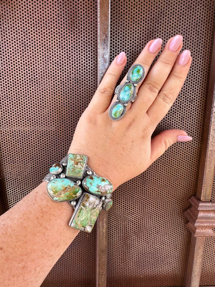 Navajo Sonoran Gold Turquoise & Sterling Silver 3 Stone Ring Size 8.5 Signed for wholesale by Nizhonitradersllc