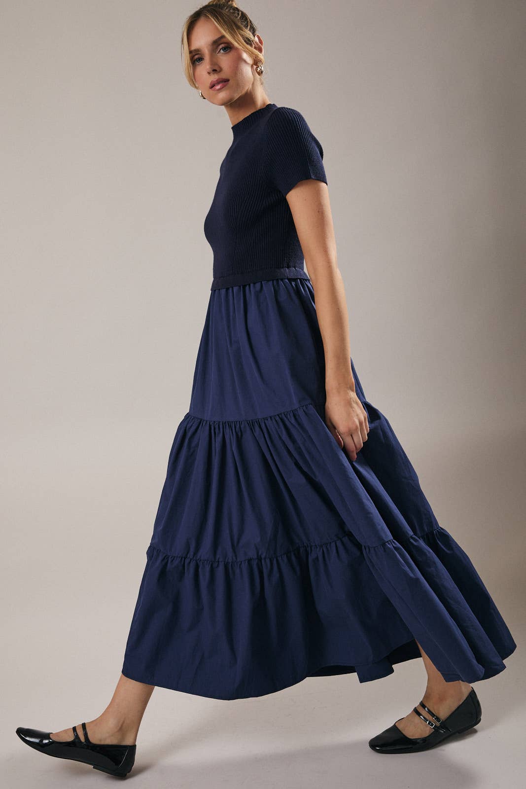 Sunday Edition by LE LIS - Wholesale Dress - Women's - MOCK NECK SHORT SLEEVE KNIT & WOVEN MIX TIERED MIDI DRESS14