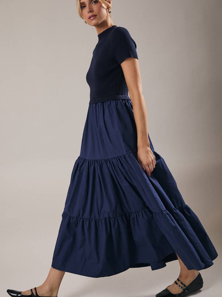 Sunday Edition by LE LIS - Wholesale Dress - Women's - MOCK NECK SHORT SLEEVE KNIT & WOVEN MIX TIERED MIDI DRESS14