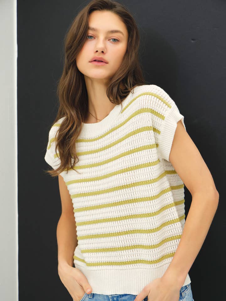 Be Cool - Wholesale Knit Top - Women's - STRIPED CROCHET KNIT CAP SLEEVE TOP