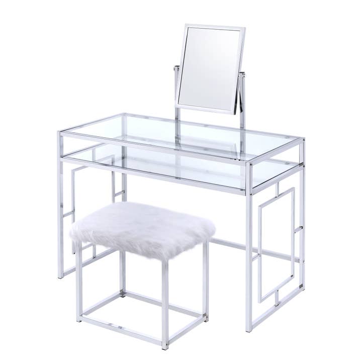 Carenze II Vanity Set, White Faux Fur & Chrome for wholesale by Acme Furniture Industry, Inc.