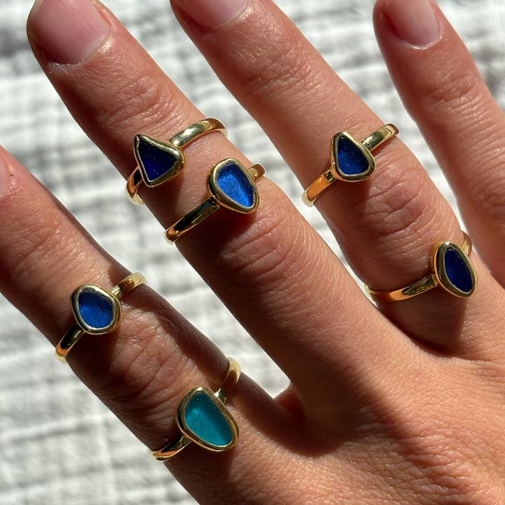 The Salty Gem - Wholesale Single Stone/Solitaire Ring - Blue Sea Glass Ring (Handmade)