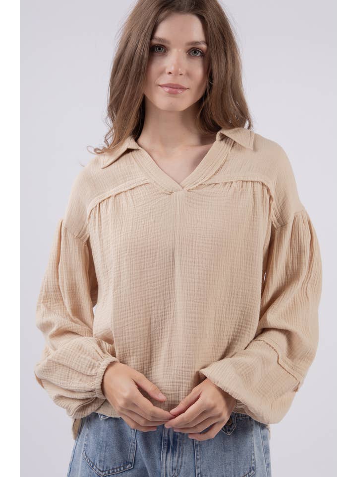 VERY J - Wholesale Blouse - Women's - NT11416-Oversized Cotton Gauze Woven Shirt Top