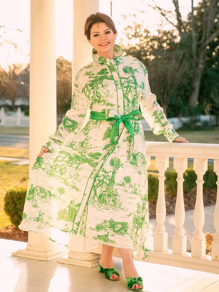 Woman's Green Toile Print Long Sleeve Midi Dress for wholesale by Kim Lolley Designs