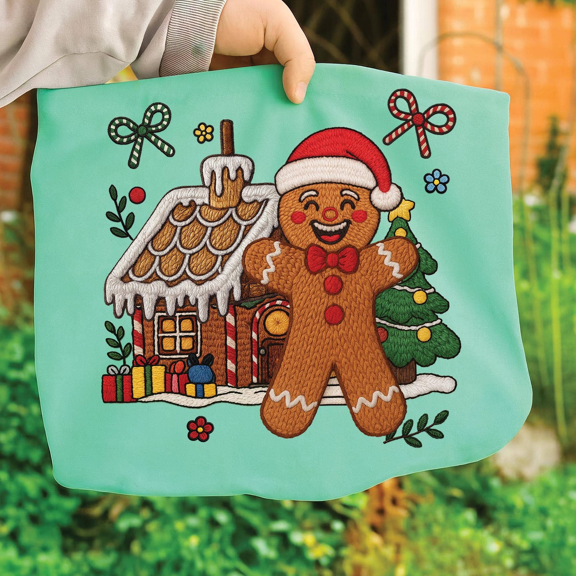 NVC Ecommerce LLC - Vente T-shirt à imprimés – femme - Faux Fil Crochet Bonhomme en Pain d'Épices T-shirt, Pull de Noël3