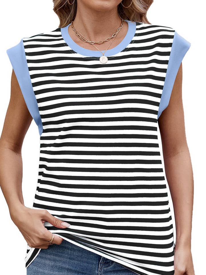 NINEXIS - Wholesale T-Shirt - Women's - CWTTSL0320_SUMMER STRIPED ROUND NECK SHORT SLEEVE T-SHIRT