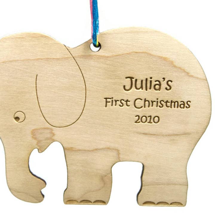 Personalized Baby's First Christmas Elephant Ornament for wholesale by Little Wooden Wonders