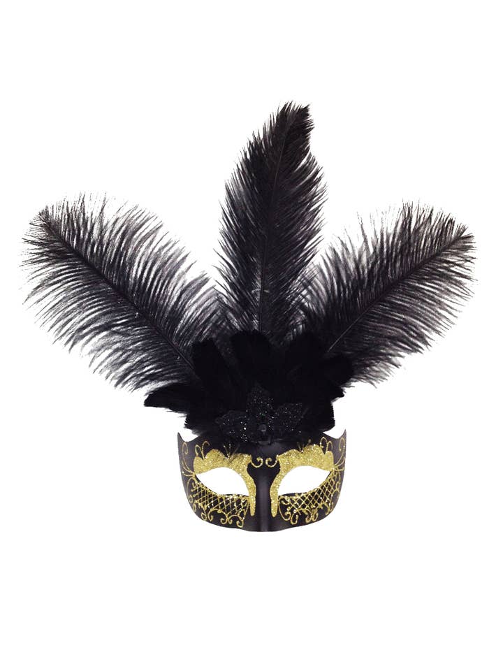Maschera con viso glitterato e piume per la vendita all'ingrosso da parte di Mardi Gras Creations