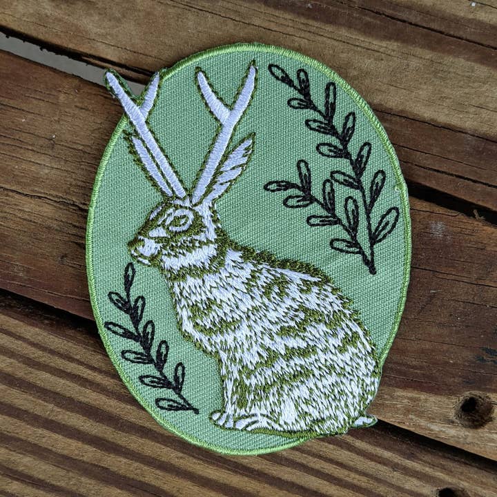 iron-on patch | jackalope - green oval 2.5" x 3.2" for wholesale by ilikesara | art + goods