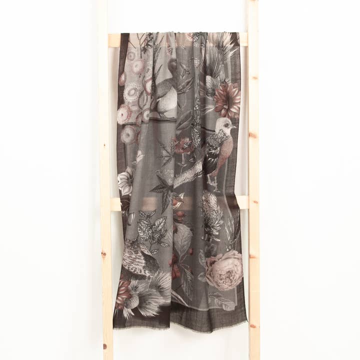 estelle - Venta al por mayor Bufanda - Mujer - Bufanda de lana fina/Flora & Fauna / antracita-burdeos0