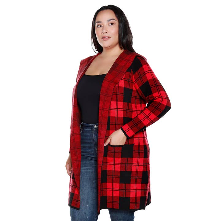 Belldini - Wholesale Cardigan - Women's - Plus Size Hooded Checkered Plaid Coatigan Sweater3