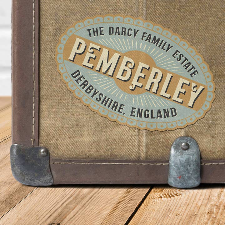 Pemberley Vintage Travel Label Vinyl Sticker for wholesale by Literary Craft Parlour