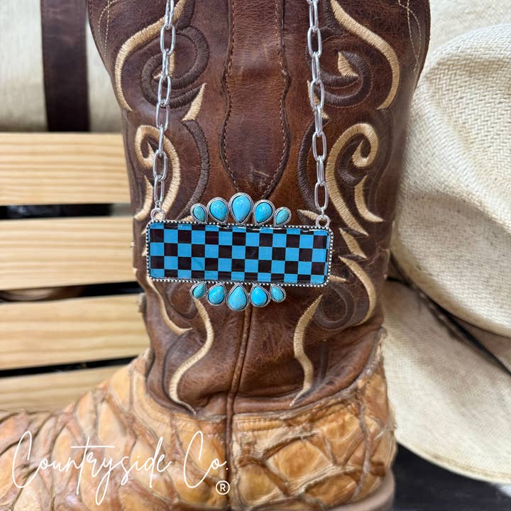 Checkered Turquoise & Black Statement Necklace for wholesale by Texas Western Cowhide Bags and More