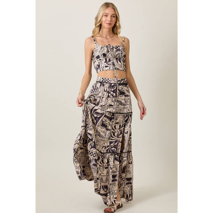 Conjunto de Verão com Estampa Tribal com Top Cami Franzido e Saia em Camadas por atacado de SKYLAR ROSE