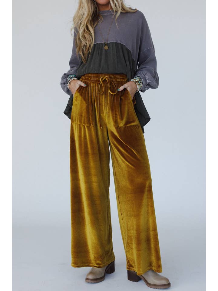 Three Bird Nest - Wholesale Pants - Women's - Relaxing Robin Velvet Wide Leg Pant - Marigold