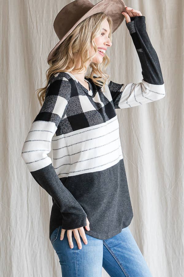 7th Ray - Wholesale Knit Top - Women's - Cozy Color Block Plaid Striped Thumbhole Pullover TopT4423-12