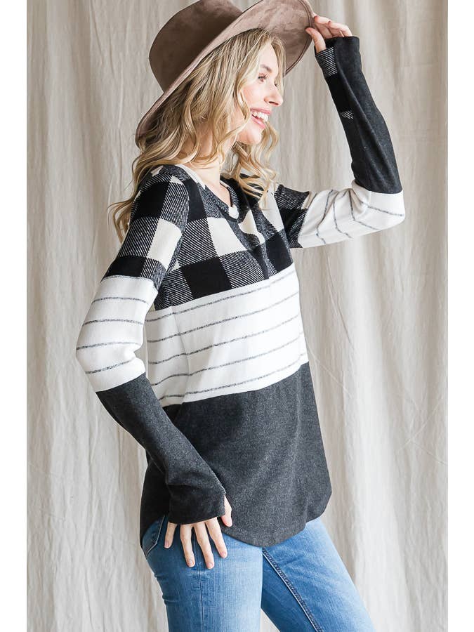 7th Ray - Wholesale Knit Top - Women's - Cozy Color Block Plaid Striped Thumbhole Pullover TopT4423-12