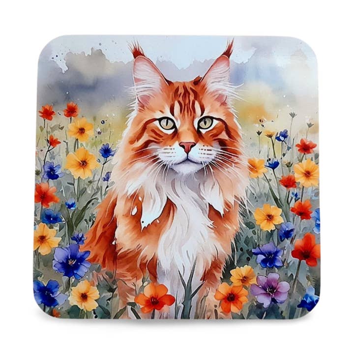 Ginger Maine Coon Cat Drink Coaster, Water Colour Style for wholesale by Rockways Designs