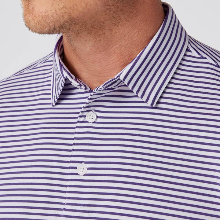 Versa SS Polo - Purple Stripe for wholesale on Faire
