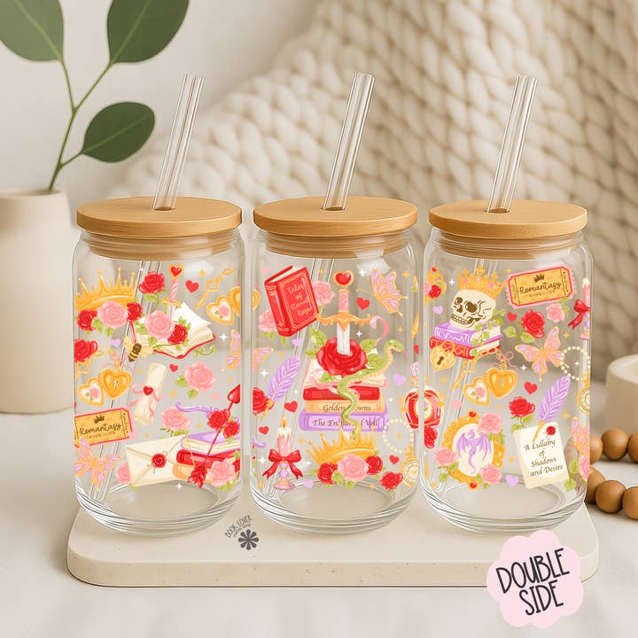 Book Lover Merch Shop - Wholesale Bottle and shot glass display - Romantasy Book Club 16 OZ Glass Can UV DTF WRAP / Bookish1
