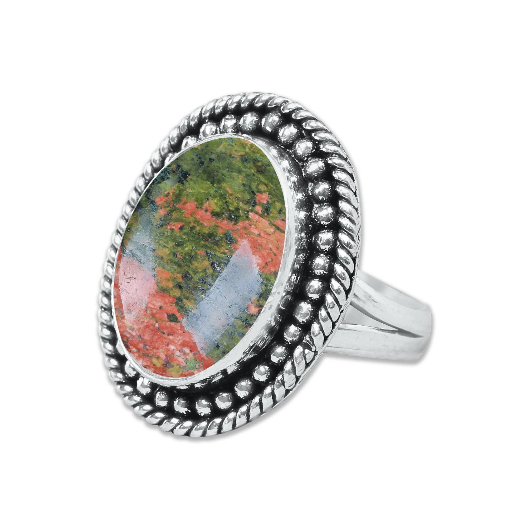 Handmade Jewels - Vente Bague de cocktail/de cérémonie - Bagues en unakite – Fait main, plaqué argent, rose-vert terreux (fabriqué sur commande)13