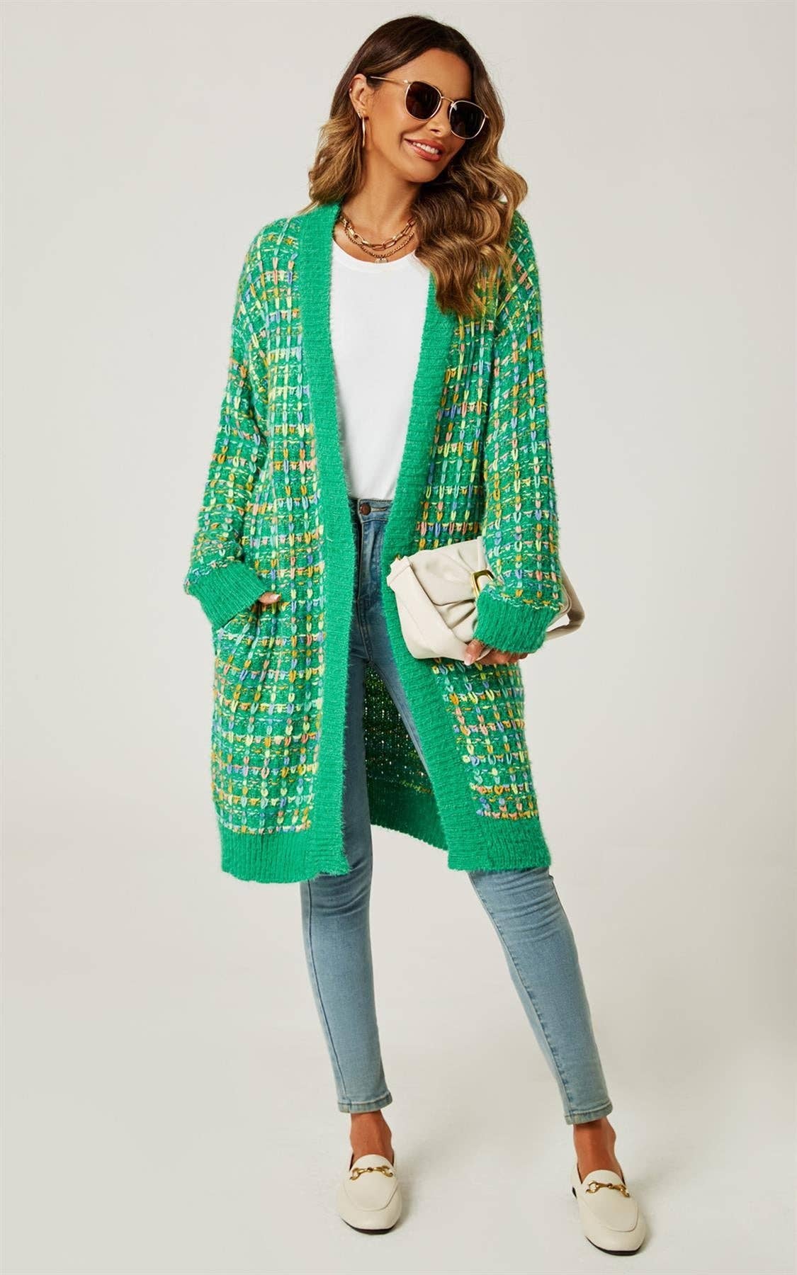 FS Collection (Germany) - Wholesale Cardigan - Women's - Green Boucle Check Cardigan In Rainbow Multicolour Speckles2