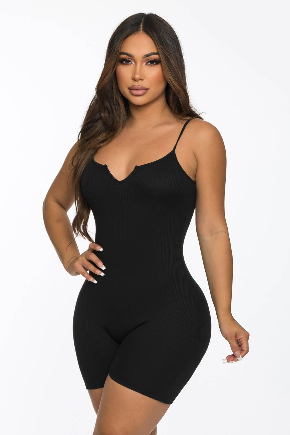 Lime All the Time - Wholesale Romper - Women's - Ribbed Split Neck Strap Short Romper3