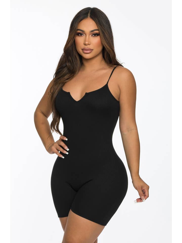 Lime All the Time - Wholesale Romper - Women's - Ribbed Split Neck Strap Short Romper3