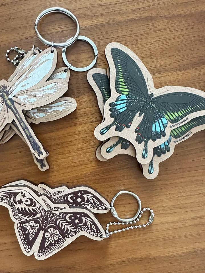 Butterfly Dragonfly Moth Insect Wood Eco-Friendly Keychains for wholesale by Jennifer Yung Art