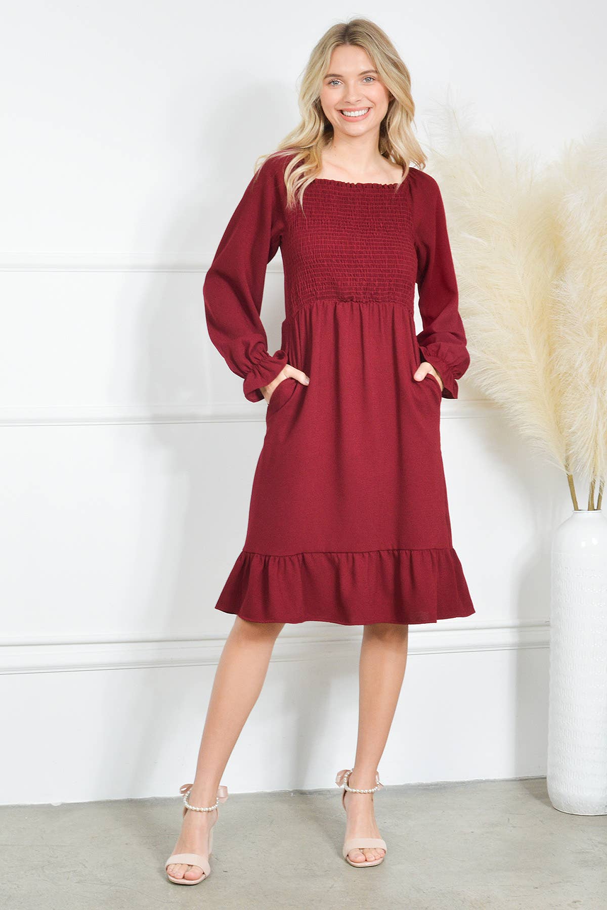 Loven x Mini Momo - Wholesale Dress - Women's - Smocking Dress Long Sleeve Ruffle Hem Smocking Crepe Midi7