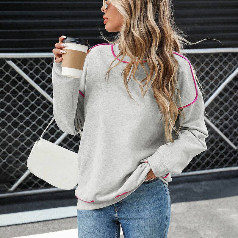Light Gray Women's Casual Crewneck Contrast Stitch Pullover Sweatshirt for wholesale on Faire3