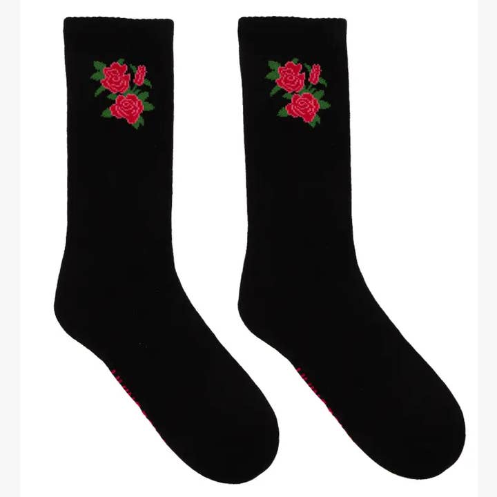 Living Royal - Wholesale Socks - Unisex - Classic Crew Socks w/ Ribbed Tubing - Red Roses - Black