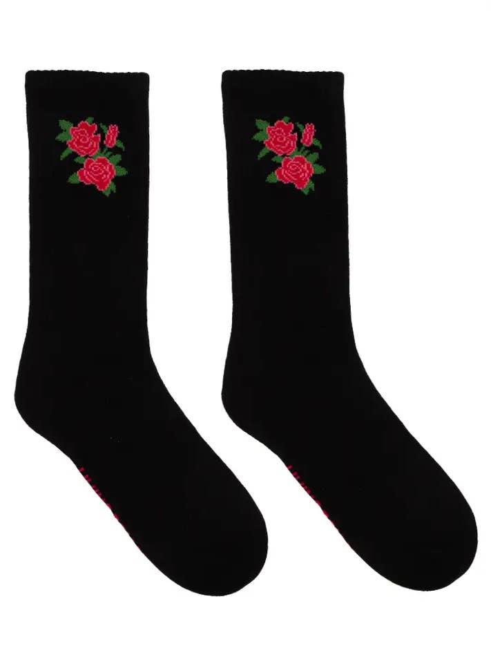 Classic Crew Socks w/ Ribbed Tubing - Red Roses - Black for wholesale by Living Royal