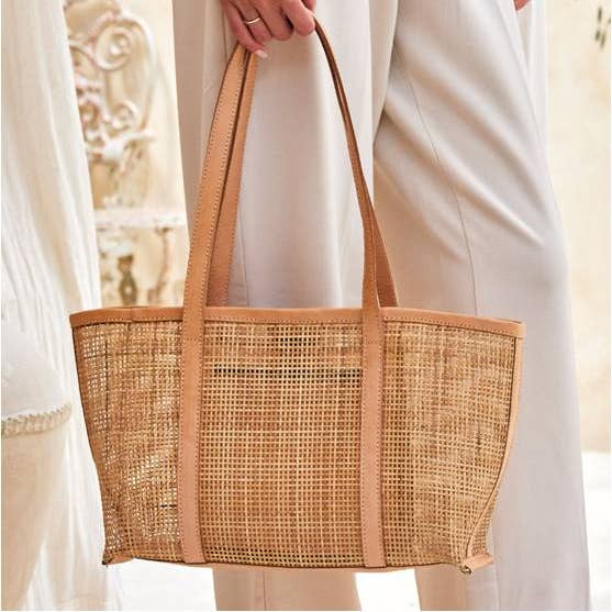 The Winding Road - Wholesale Tote Bag - Women's - Rattan Basket Weave Tote Bag with Light Leather