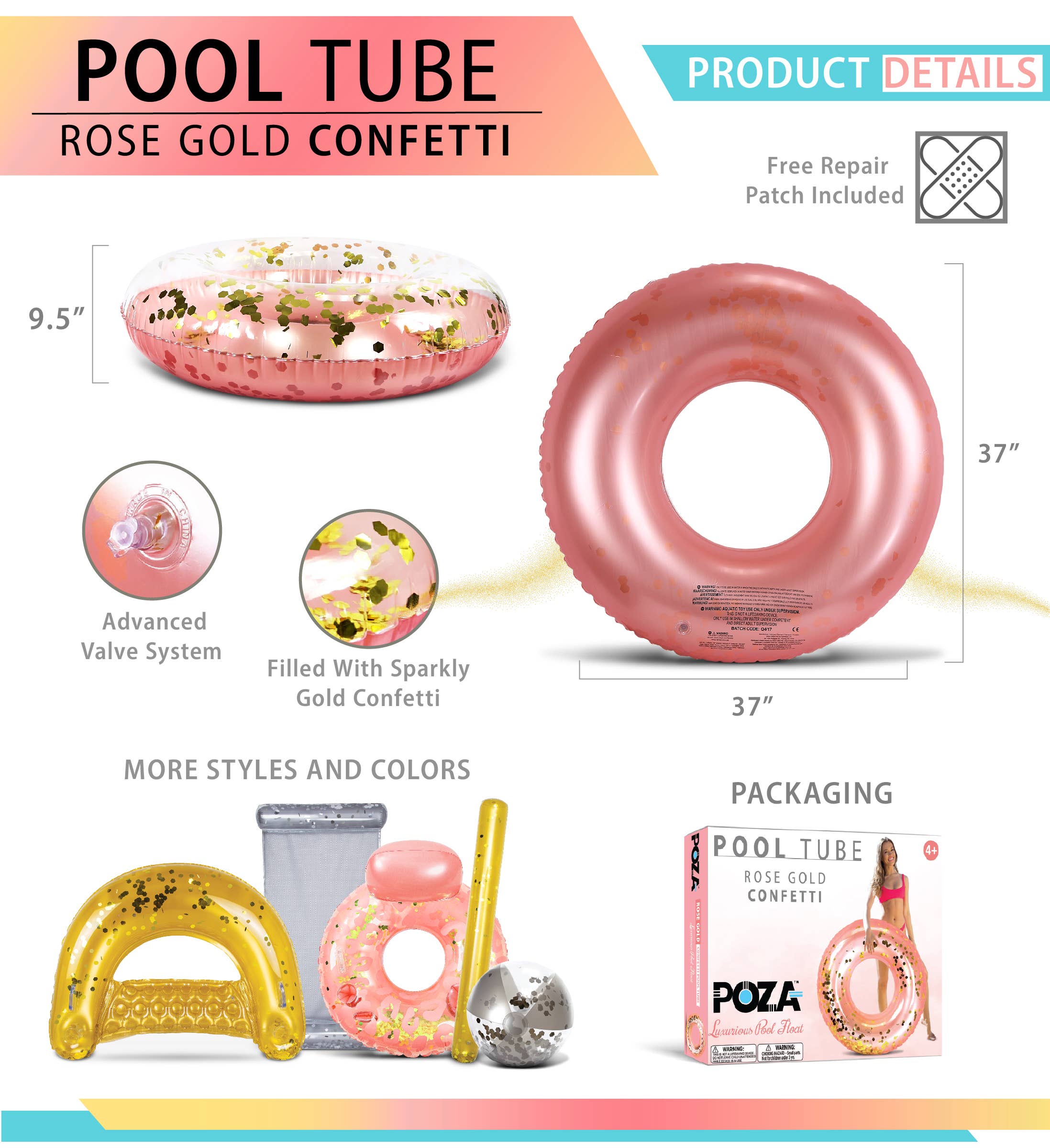 Cota Global - Wholesale Inflatables - Pool Float - Rose Gold Tube - Gold Hexagon Glitter1