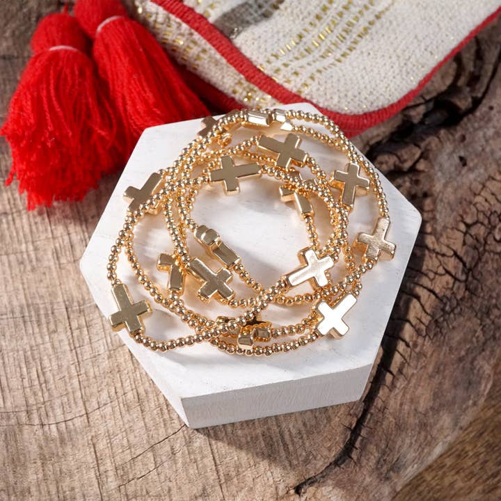 PennyLine inc - Wholesale Beaded Bracelet - Gold Tone Sideways Cross Bracelet Set – Stretchy Ball Beads, Set of 5