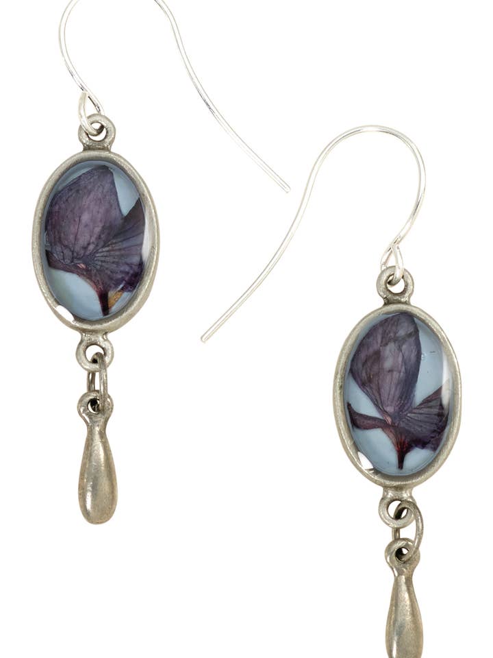 Texas Bluebonnet On Dusk Blue Ultra SM Oval Earrings w/Drop for wholesale by Shari Dixon