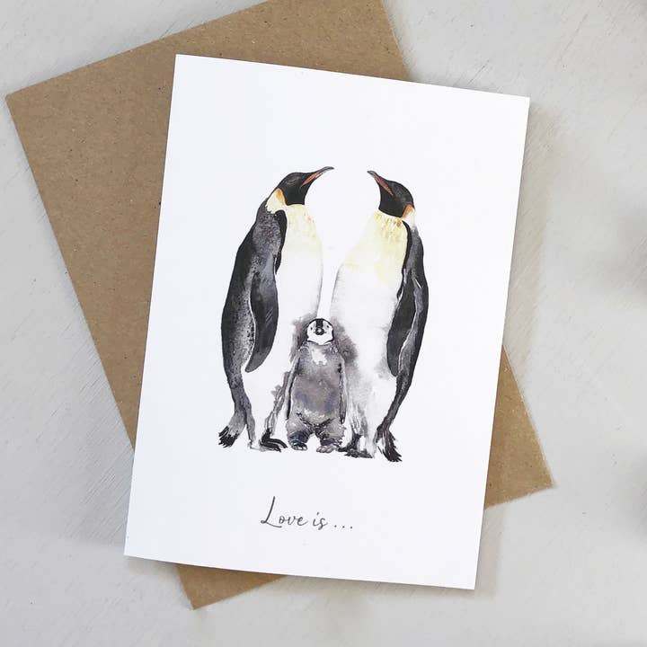 Penguin Love Watercolour Greetings Card for wholesale by Katie Hipwell Design