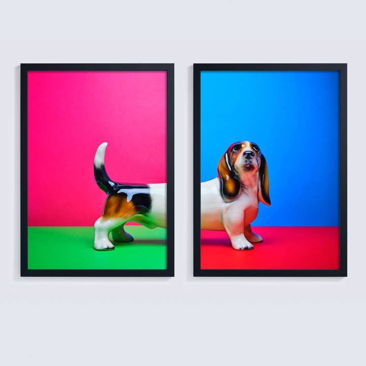 Paar heldere giclée-fotoprints van een schattige worsthond voor wholesale door Ornament Art