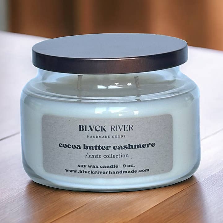 Cocoa Butter Cashmere 9 oz Soy Candle - Clear Apothecary Jar for wholesale by Black River Handmade Goods