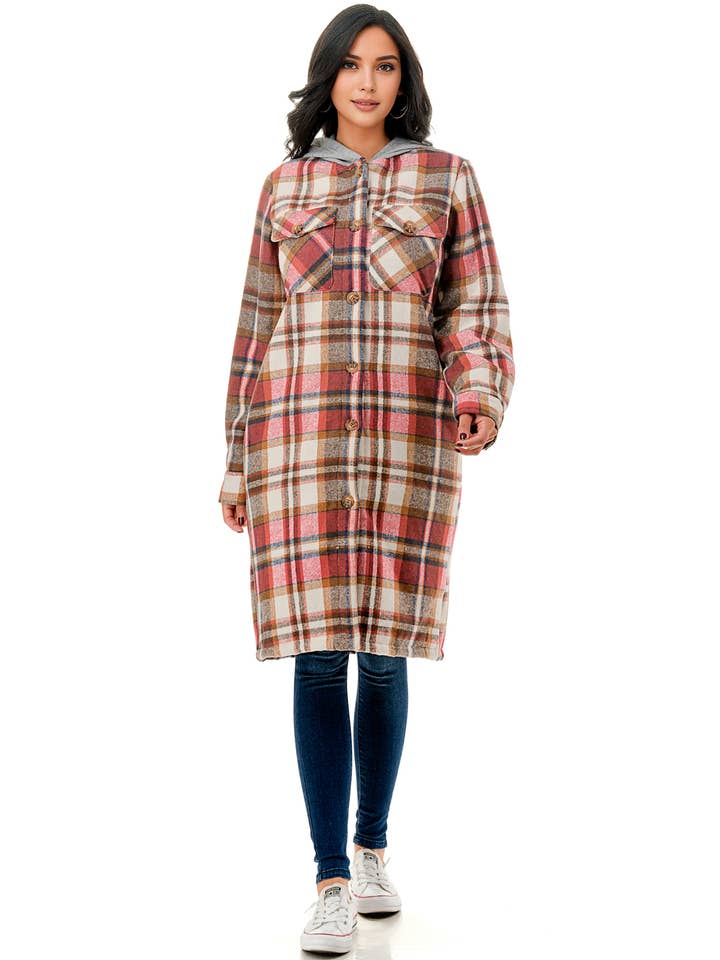 Color 5 – Großhandel Hemd – Damen – Super lange rote karierte Hemdjacke aus Flanell mit Taschen
