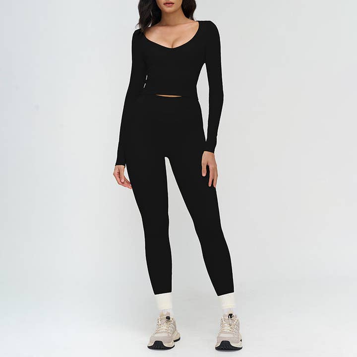 V-neck slim-fit long-sleeved top + High waist leggings 2-piece set for wholesale by WONDERXFANS