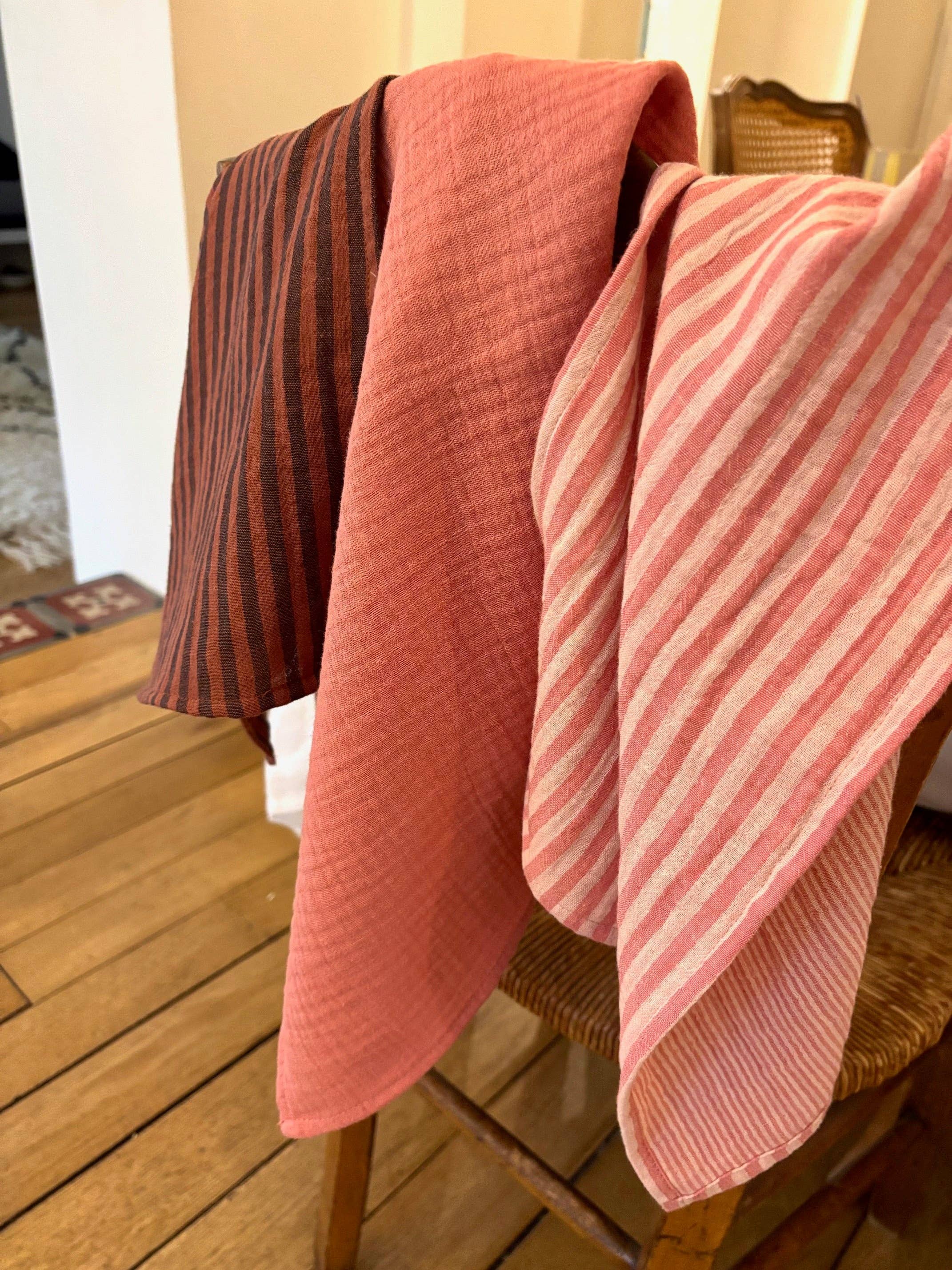 CHARMY - Wholesale Hand Towel - 3 hand towels in striped pink, toffee, and solid marsala double gauze cotton2
