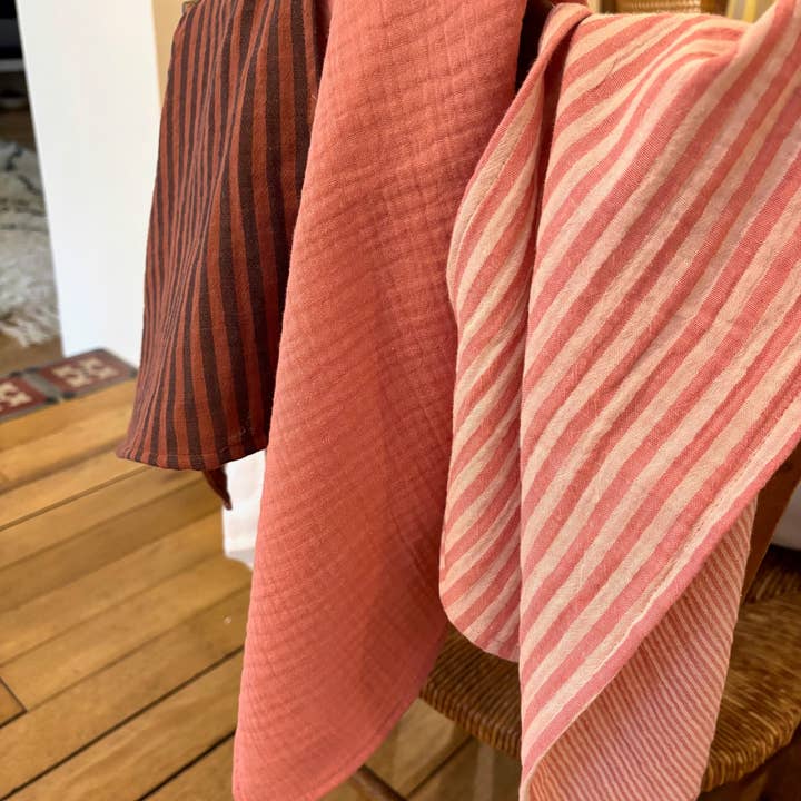 CHARMY - Wholesale Hand Towel - 3 hand towels in striped pink, toffee, and solid marsala double gauze cotton2