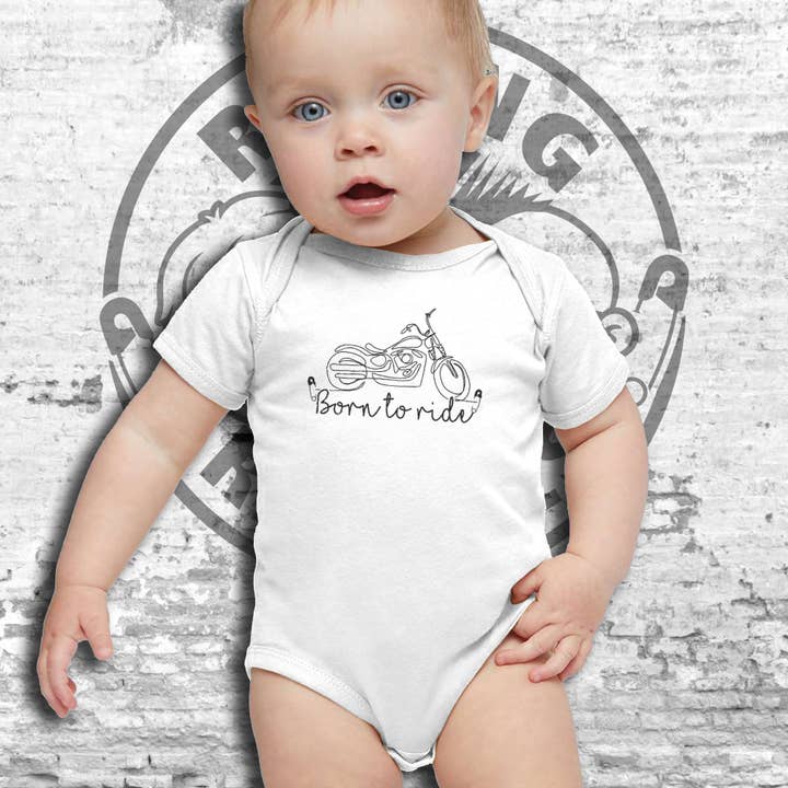 Born to Ride Short Sleeve Baby Bodysuit/Onesie for wholesale by Raging Rascals
