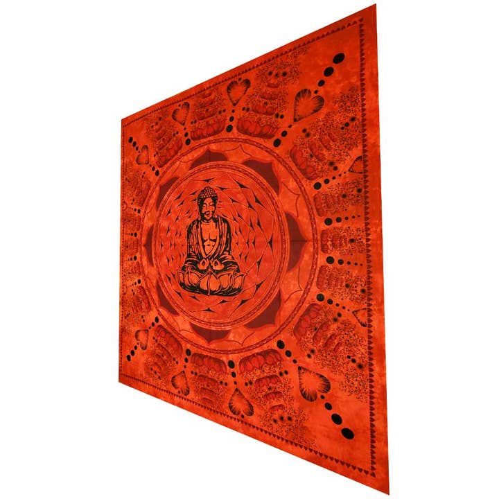 Red Buddha In Dharma Chakra Mudra On A Lotus Flower Full Size Tapestry Wall Art for wholesale by Wild Lotus