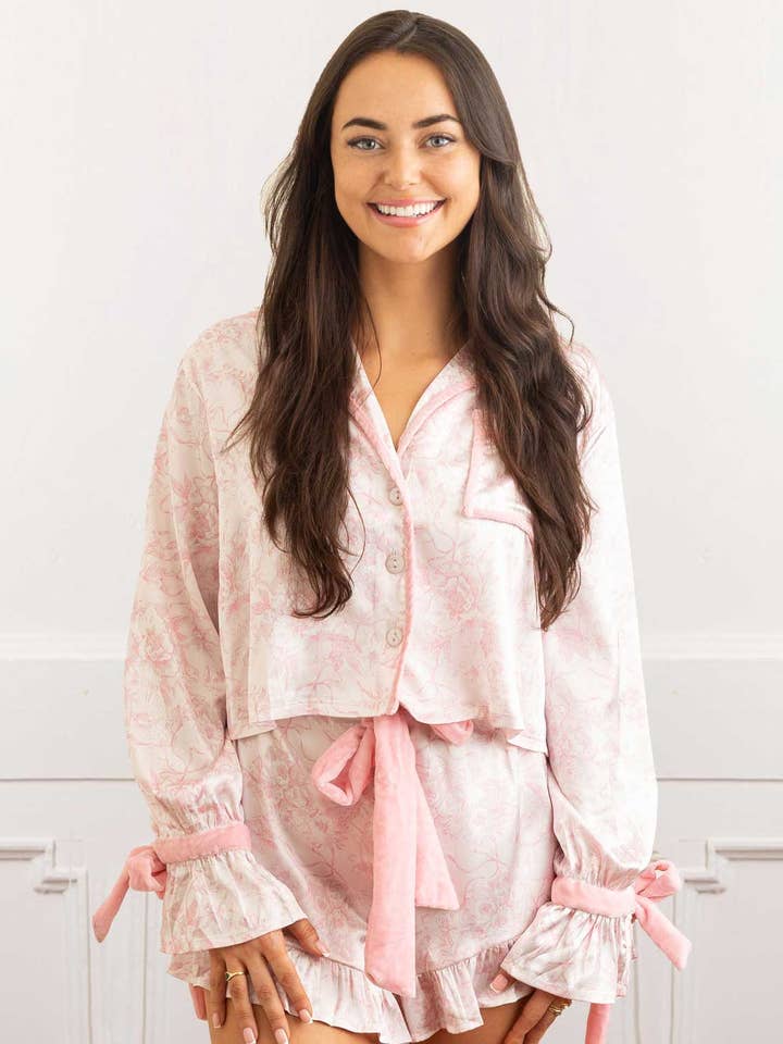 Pink Bow Toile Satin Ruffle Short PJ Set and other Purchase Wholesale bow pjs. Free Returns & Net 60 Terms on Faire trending on Faire.