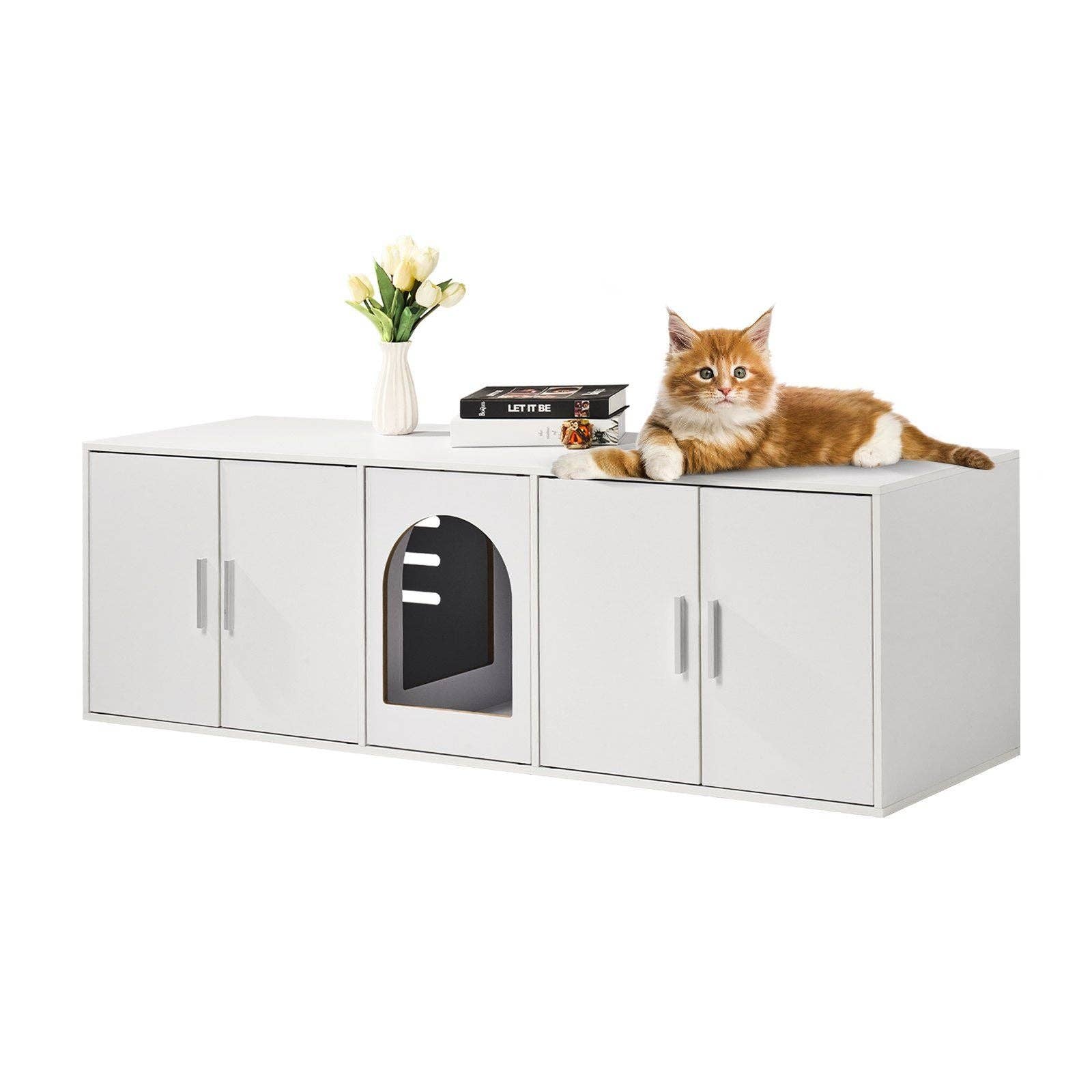 Naomi's Happy Place Shop - Wholesale Cabinet - Cat Litter Box Enclosure Wooden Litter Box Furniture Hidden 57.9" White0