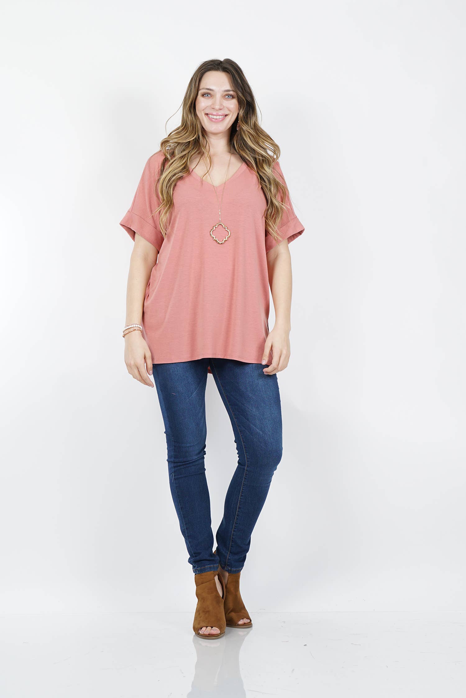 OLIVEMUSTARD  `.Plus size V Neck Top w/ side-slit for wholesale on Faire9