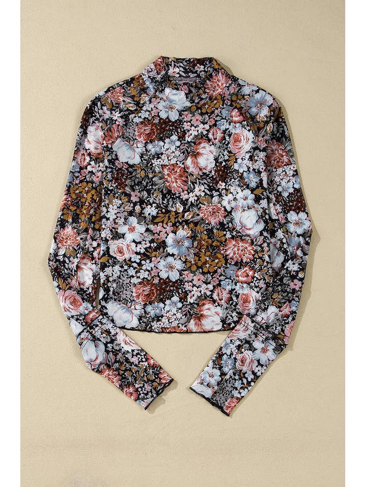 Brown Floral Mesh Long Sleeve Blouse for wholesale on Faire
